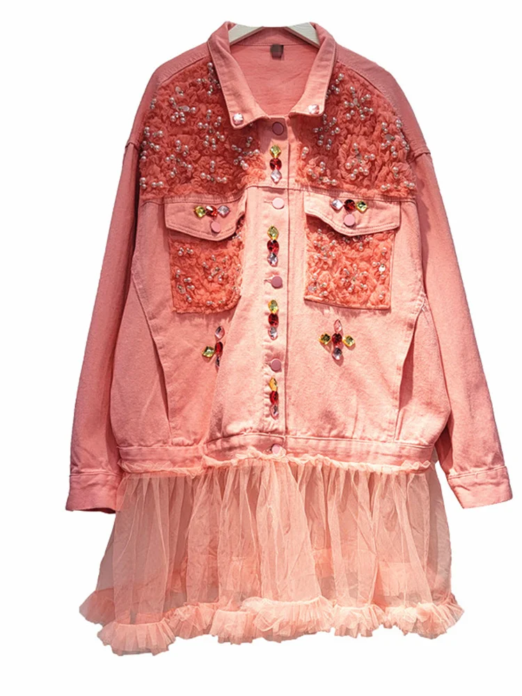 

Women Pearls Mesh Patchwork Denim Jacket Chic Diamond Spliced Single Breasted Jackets Coat 2023 Spring Autumn New Top H213