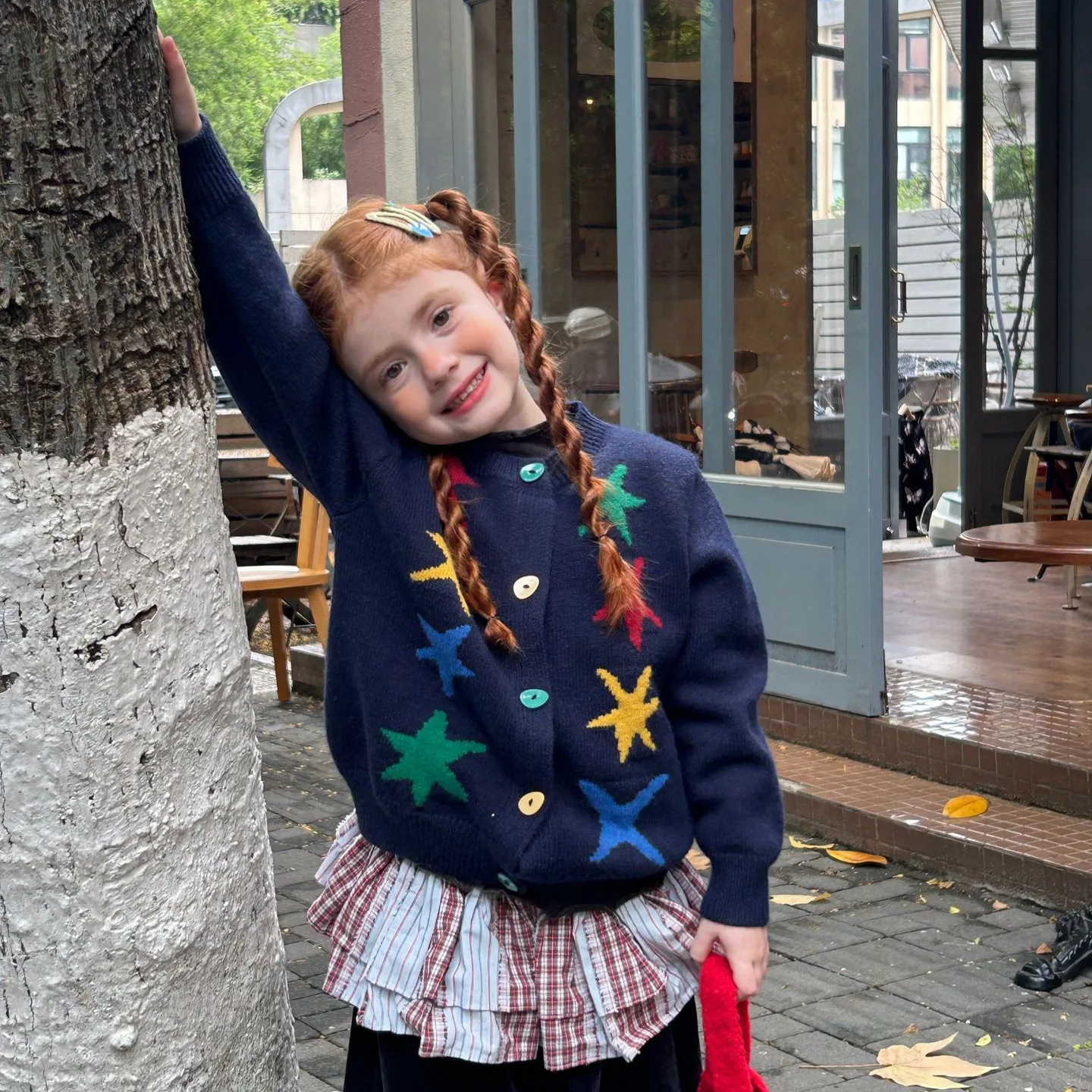 2025 가을 신상 유행 서양 스타일 여아 화려한 별 가디건 네이비 블루 스웨터 자켓