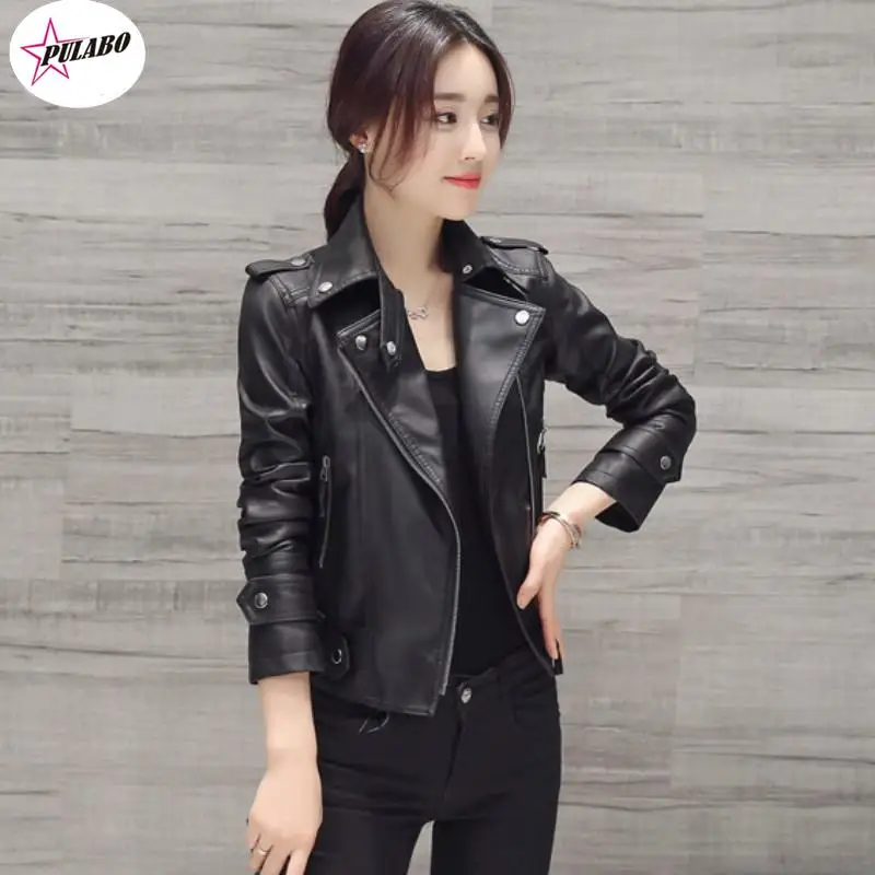 

PULABO y2k Fashion Women Smooth Motorcycle Faux PU Leather Jackets Ladies Long Sleeve Autumn Winter Biker Streetwear Black Coat