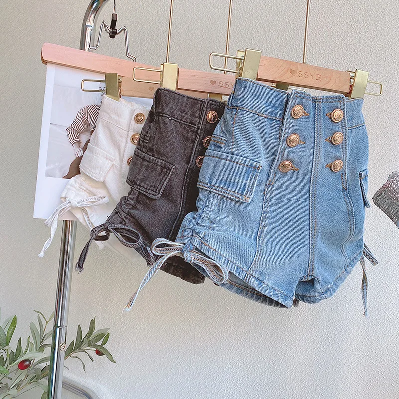 Cute Shorts Kids Clothing Girls Shorts Summer Dress New Korean Children Drawstring Button Jeans Fashionable Hot Pants