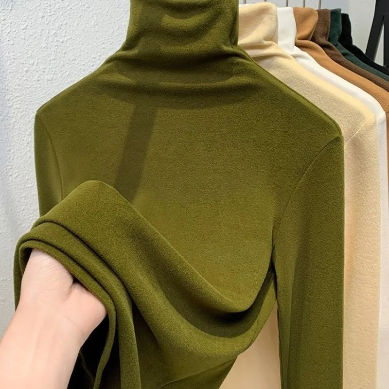 

2023 New Underneath Autumn Winter High Necked Double-sided German Velvet Bottom Shirt Women's Velvet Plush Thickened Warm Top