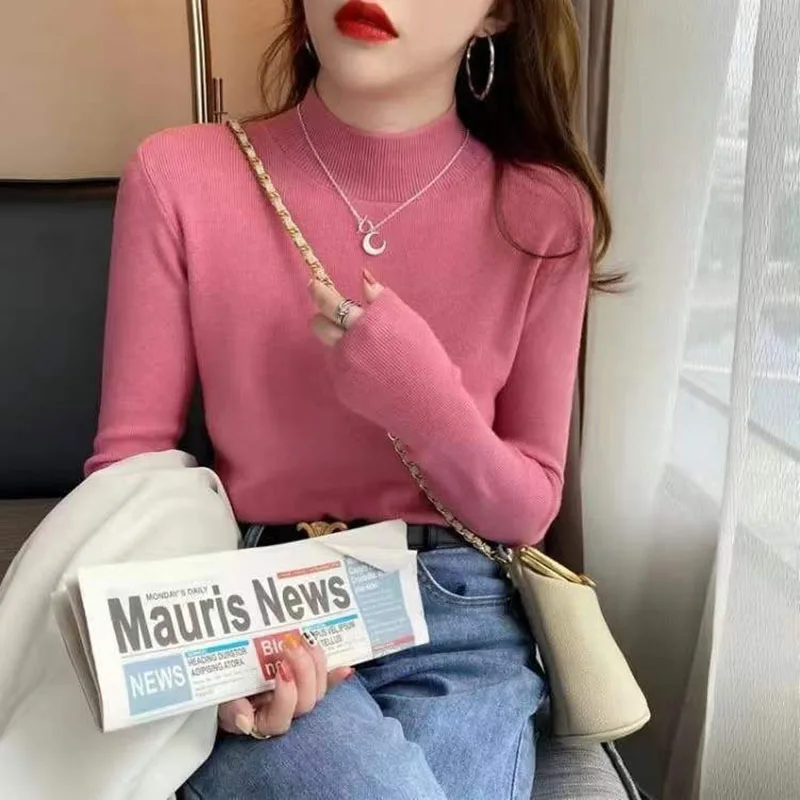 

Vintage Wool Sweater For Women's Autumn 2023 New Half-Neck Jumper Knitted Bottoming Shirt Top Slim Basic Pullover Sweater Female