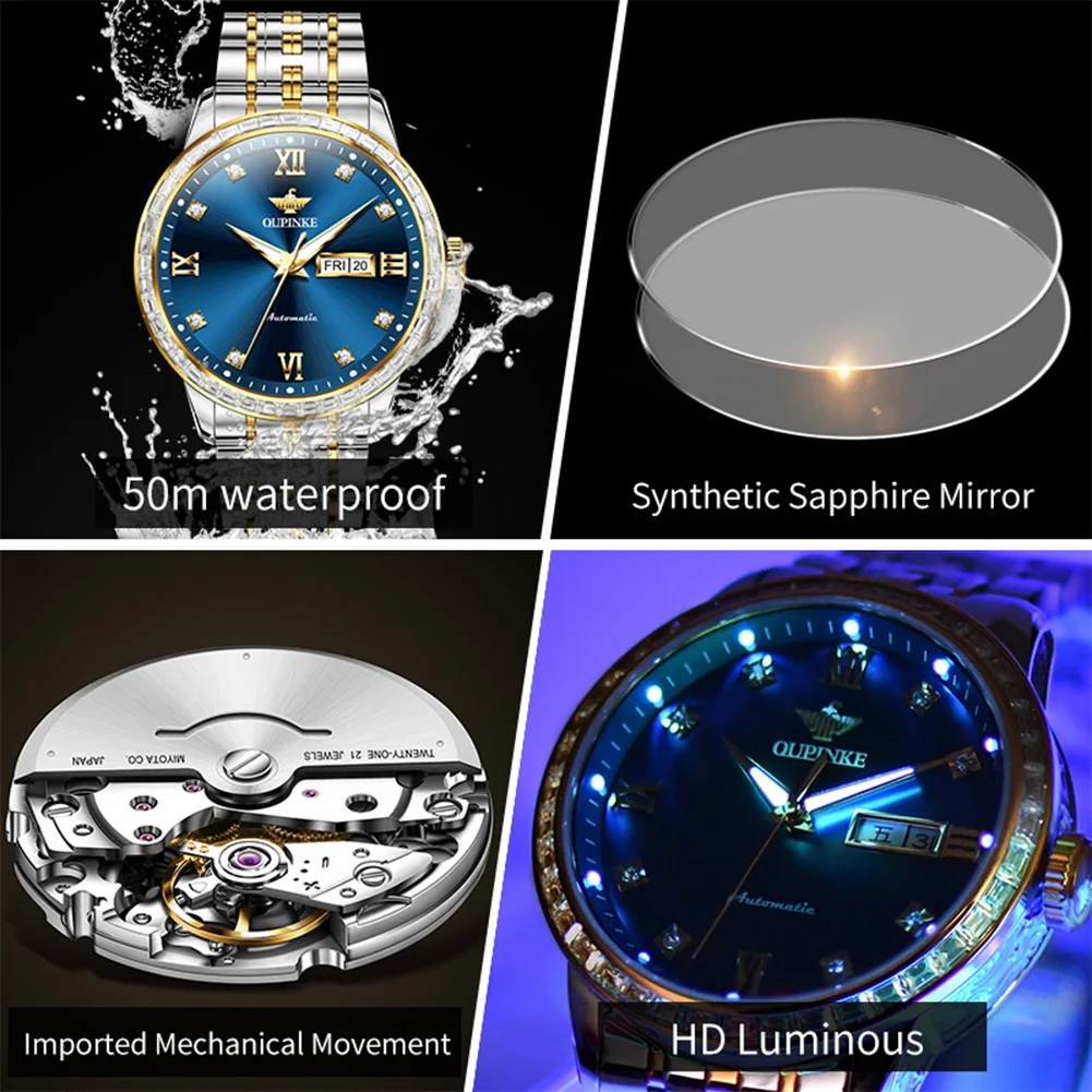 OUPINKE 3258 Automatic Watch Man Japan Mechanical Movement Luxury Watch For Men Calendar Waterproof Sapphire Mirror Wristwatch