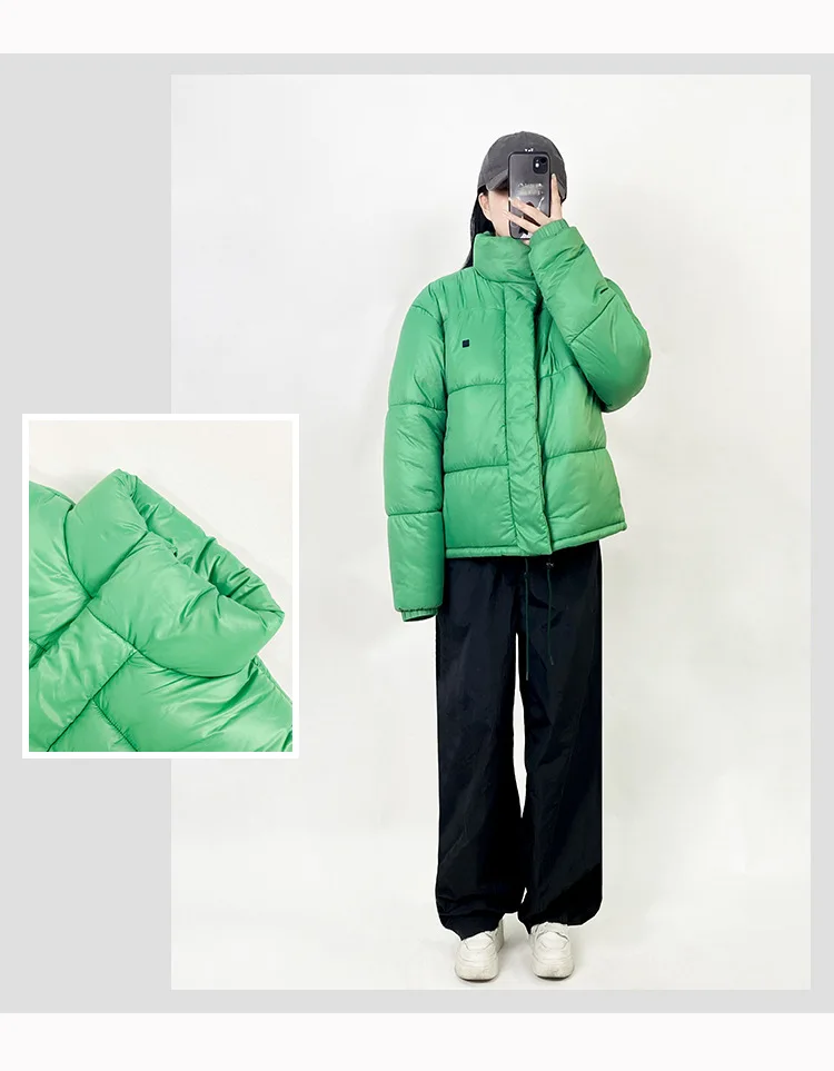 

Women‘s Casual Green Warm Plaid Coat 2023 Winter Solid Simple Stand Collar Zipper Long Sleeve Bread Jacket