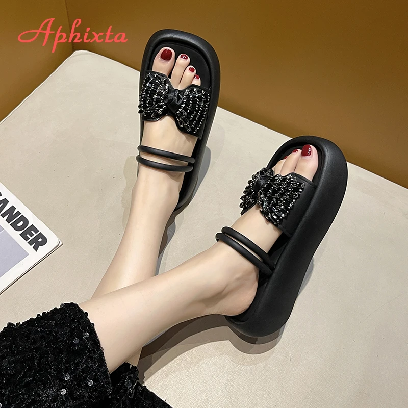 Aphixta New Crystal Butterfly Knot Modern Slipper Narrow Straps Sandals Shoes Thick Heel Summer Beach Slides sandalias de mujer