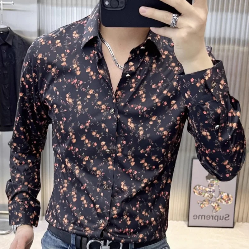 

Trendy Spring New Men's Colored Shirt European Fashion Printed Elastic Slim Fit Long Sleeved Shirt Casual Business Camisa Hombre