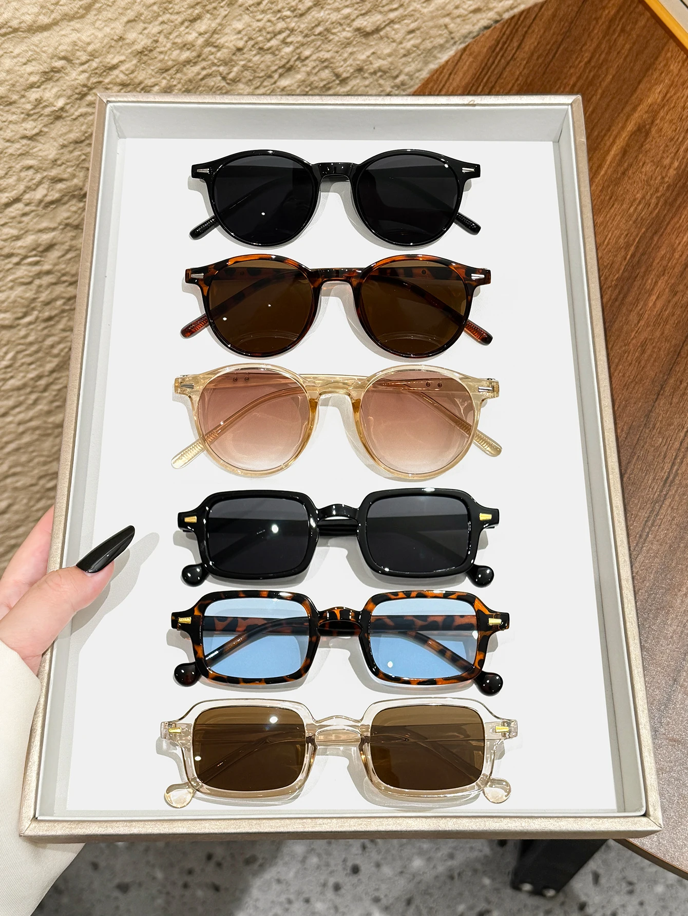 مجموعة نظارات بإطار مختلط عصري مكونة من 6 قطع، للرجال و النساء، مع زينة أظافر الأرز، هدية كلاسيكية شعبية متطابقة الألوان للعطلات