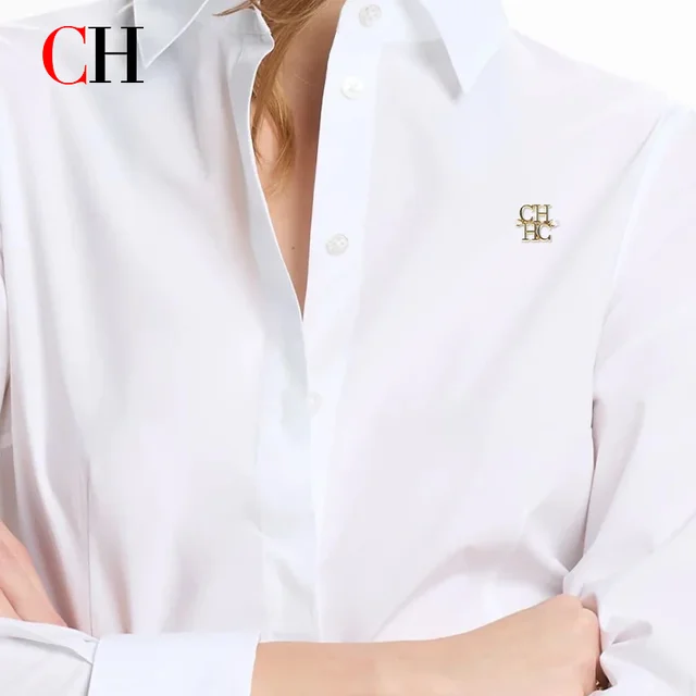 CH mode femmes chemise de haute qualité marque lettre étiquette accessoires pur blanc 2025 nouvelles femmes Sexy à manches longues chemise 1