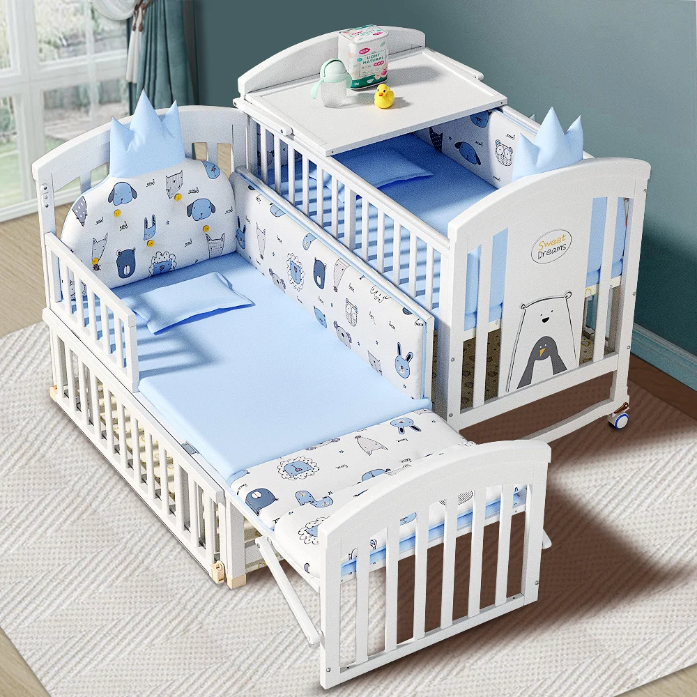 New European Style White Solid Wood Kids' Cribs Multifunctional