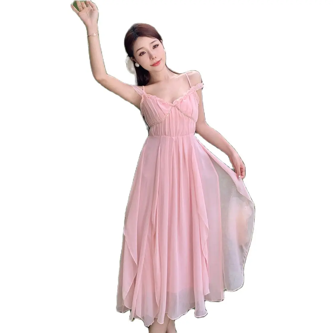 

Женское шифоновое платье без рукавов, розовое плиссированное платье с широким подолом и V-образным вырезом в винтажном стиле на лето