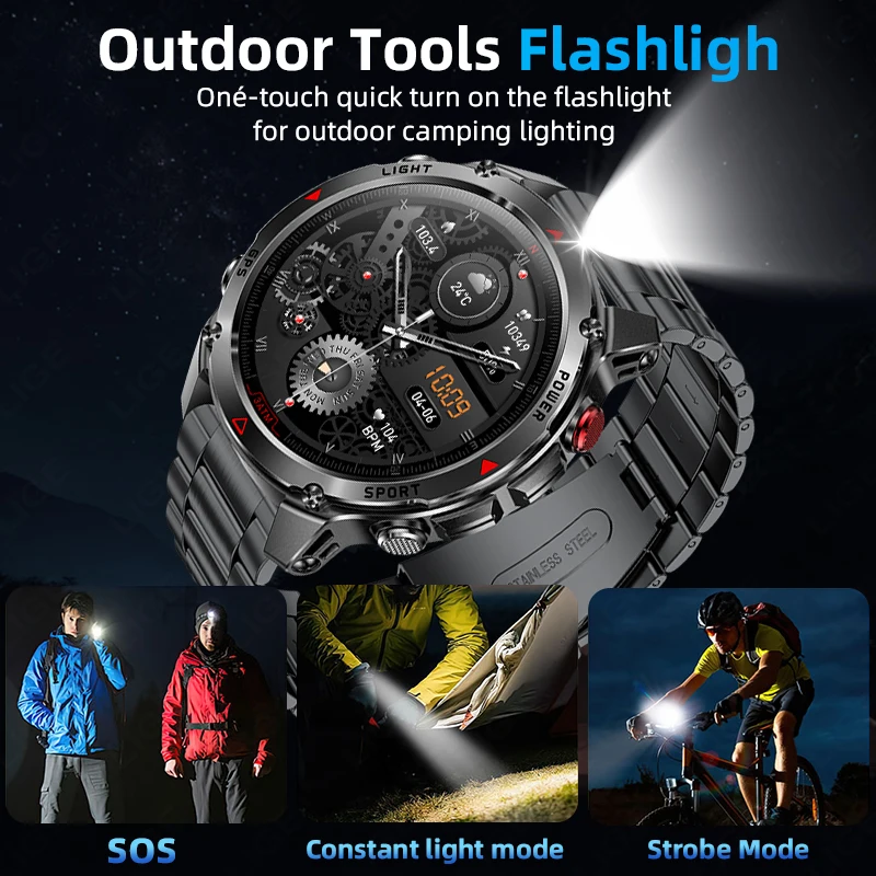 LIGE LED Outdoor Military GPS Smart Watch Men 1.46" AMOLED Compass Altimeter BT Call 3ATM Waterproof Clock Sports Smartwatch New