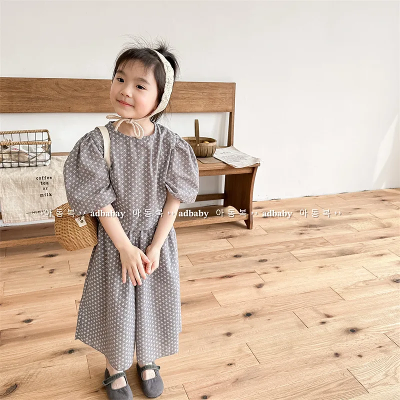 

Childrens Summer Set 2024 New Korean Casual Fashion Solid Color Dotted Top and Pants Two Piece Light and Thin Girl Set