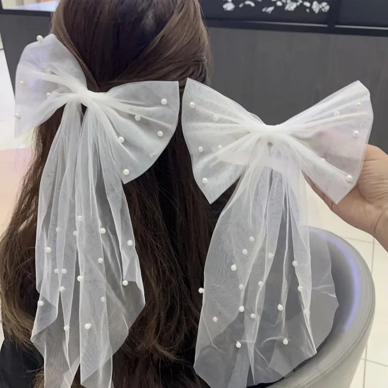 Women Long Ribbon Mesh Bow Hair Clips Elegant Pearls Hairpin for Bride White Mesh Hairpins Wedding Party Bride Hair Accessories hair accessories,bridal hair accessories