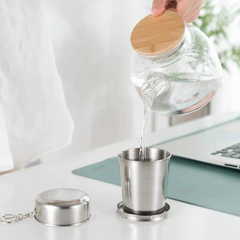 Portable Stainless Steel Folding Cup Outdoor Travel Belt Key Chain Retractable Portable Coffee Cup 75ml/150ml/250ml Drinking Set