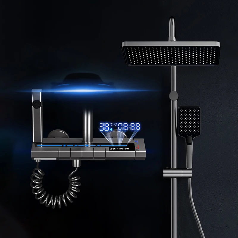 Grey Piano Button Ambient Light Bathroom Full Set Digital Display Shower System Sets Rain Faucets Shower Head