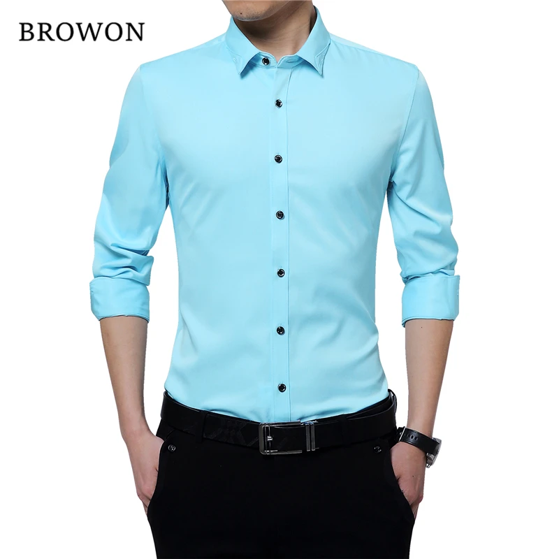 Dress Shirts Men Casual Shirts BROWON Brand Silky Formal Shirt Men Classic Business Long Sleeve Solid Color Embroidery Collar Slim Fit Shirt Brand-clothing