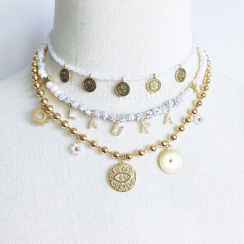 

Popular Elements Personalized Name Necklace Crystal Bead Freshwater Pearls Gold Beads Collar Vintage Charm Ethnic Pendant Choker