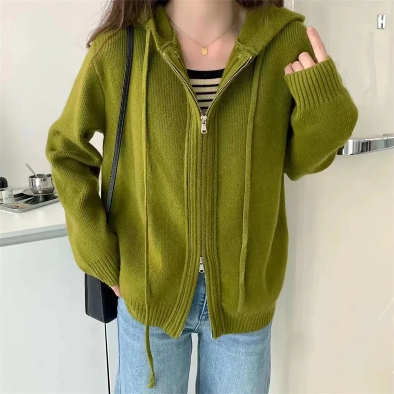 

ZARSAFLY Green Hooded Knitted Cardigan Women Fall Winter Korean Casual Loose Long Sleeve Sweater Outerwear 4 Colors