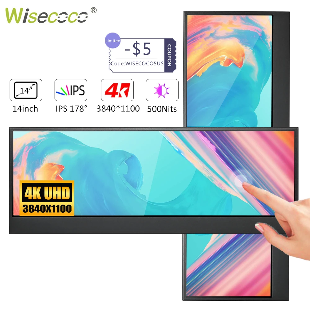 Wisecoco 14 4K 3840x1100 Touch Screen Monitor Esticado Bar Display LCD ...