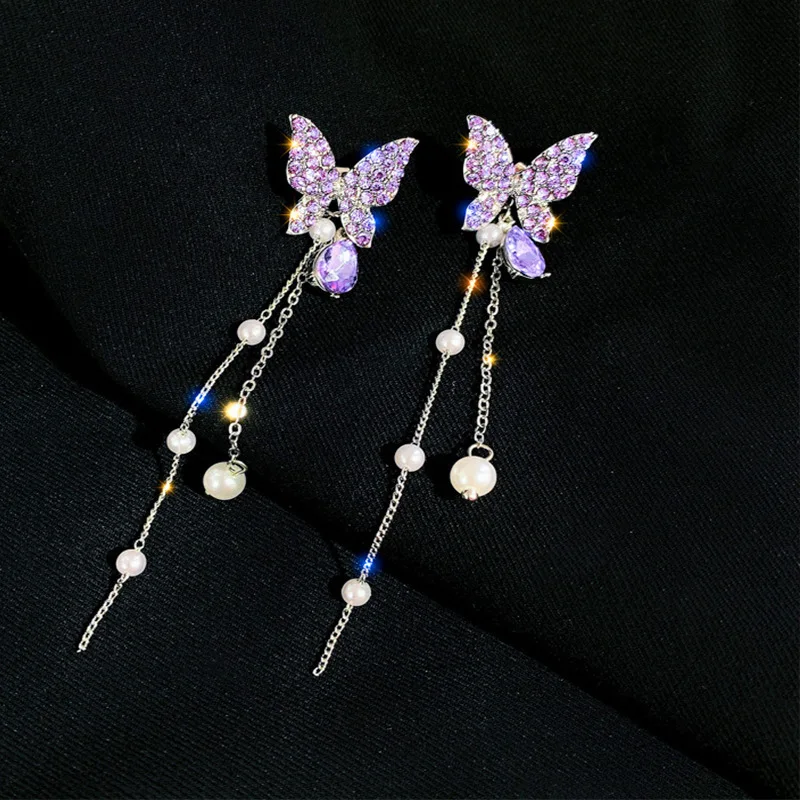 Sa0a5311c25b543e494949ff4571fa7dan 925 Silver Needle Korean Purple Crystal Butterfly Earrings For Women Jewelry Trending Luxury Long Pearl Tassel Earrings Mallzona