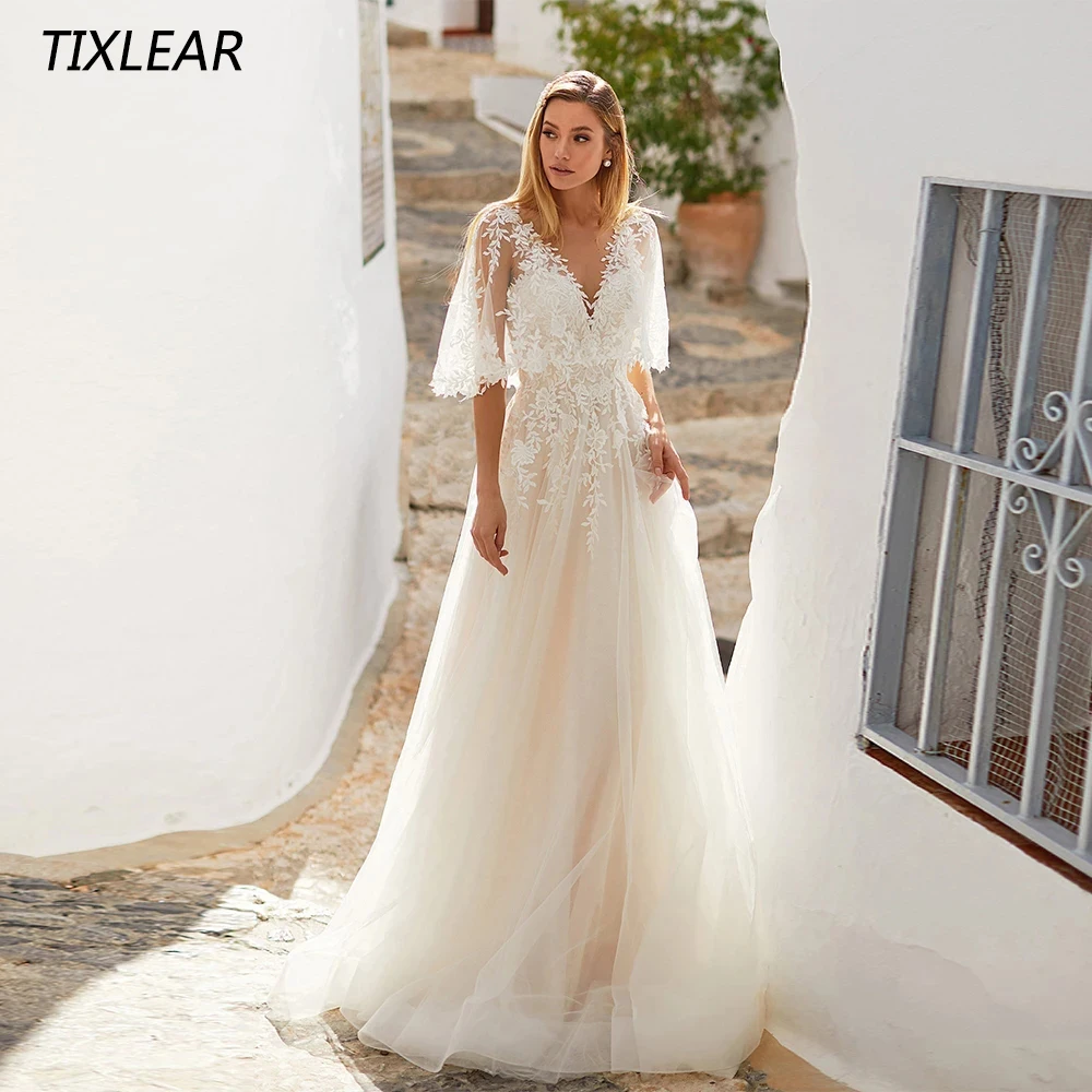 

TIXLEAR Modern V-Neck Wedding Dress Elegant Lace Appliques Half Sleeves Backless Bridal Gown Floor Length Vestidos De Novia New