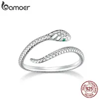 BAMOER 925 Sterling Silver Retro Textures Snake Adjustable Ring, 18K Gold Green Zircon Animal Ring Stackable Jewelry 4 Colors