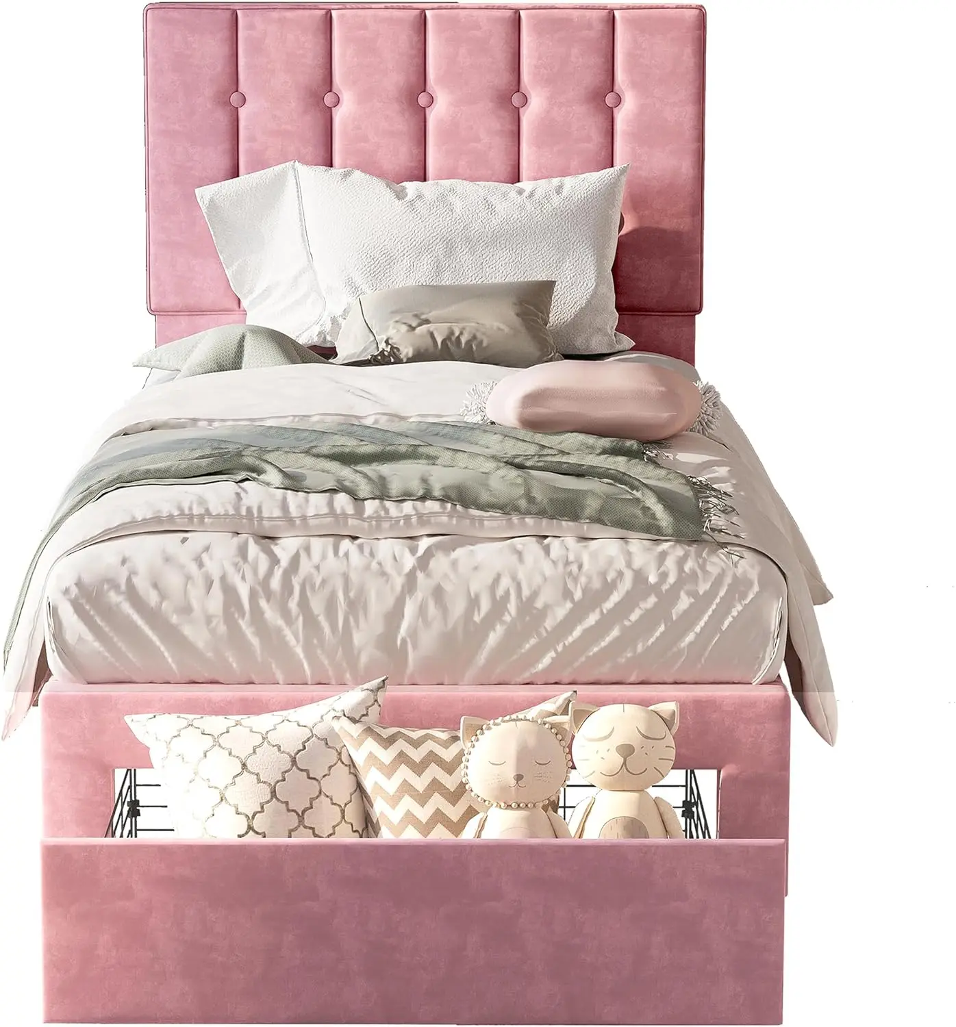 

Twin Bed Frame with Under-Bed Drawer, Velvet Upholstered Platform Bed Frame with Headboard, No Box Spring Needed/Noise-Free