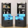 Charging Nightstand Set of 2 with LED Lights,Tall Night Stand with Bookshelf,Bedside Table with Drawers,Side Tables Bedroom 1