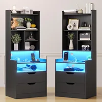 Charging Nightstand Set of 2 with LED Lights,Tall Night Stand with Bookshelf,Bedside Table with Drawers,Side Tables Bedroom 1