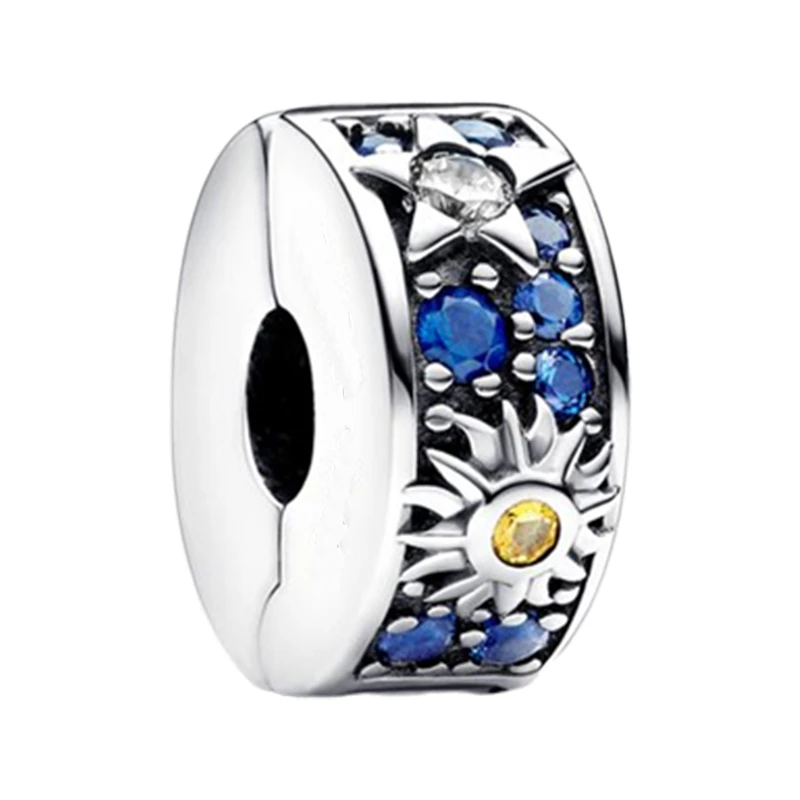 

Небесный солнце Звезда Луна зажим Шарм бусины для женщин 925 Стерлинговое серебро ювелирные изделия Сделай Сам браслеты синий желтый кристалл чистый CZ