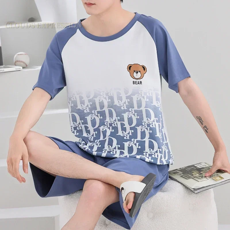 Summer 4XL Men Pyjamas Knited Pajamas Set Nightwear Big Boys Sleepwear Pyjamas Night Suits Pijamas Plus Size Homewear pajama sets