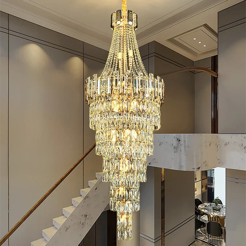 

Crystal chandelier long staircase light large living room hotel lobby decoration adjustable height LED light luxury decoration