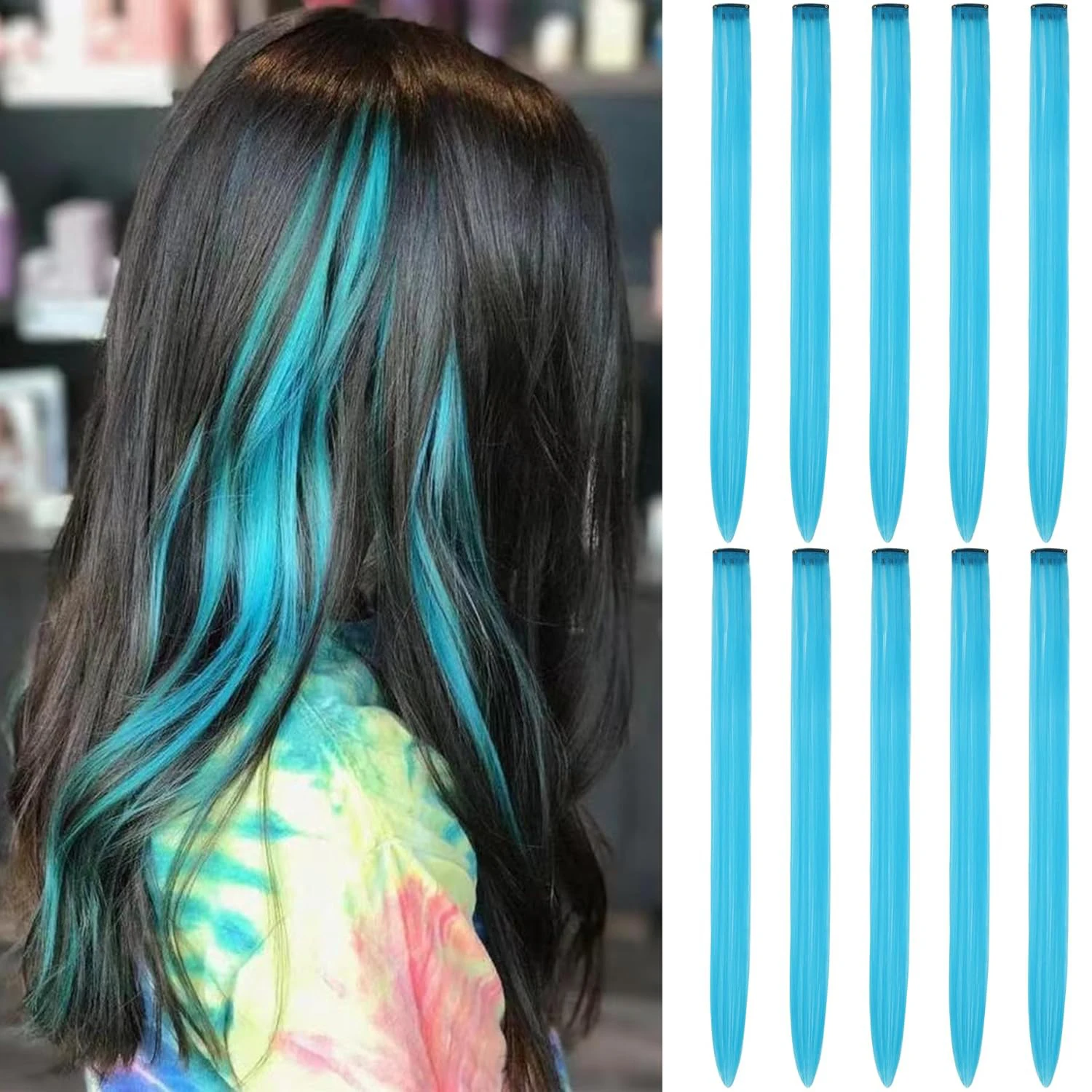 Extension per Capelli Colorati con Clip in Blu Teal 5/10 Pezzi Sintetici