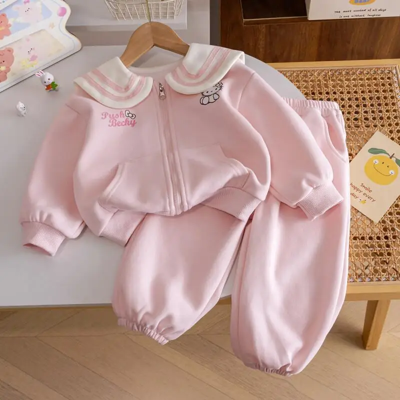 산리오 헬로키티 여아 투피스 세트 면 혼방  여아 봄 가을 캐주얼 스포츠웨어 새로운 스타일리시 귀여운 코트 세트