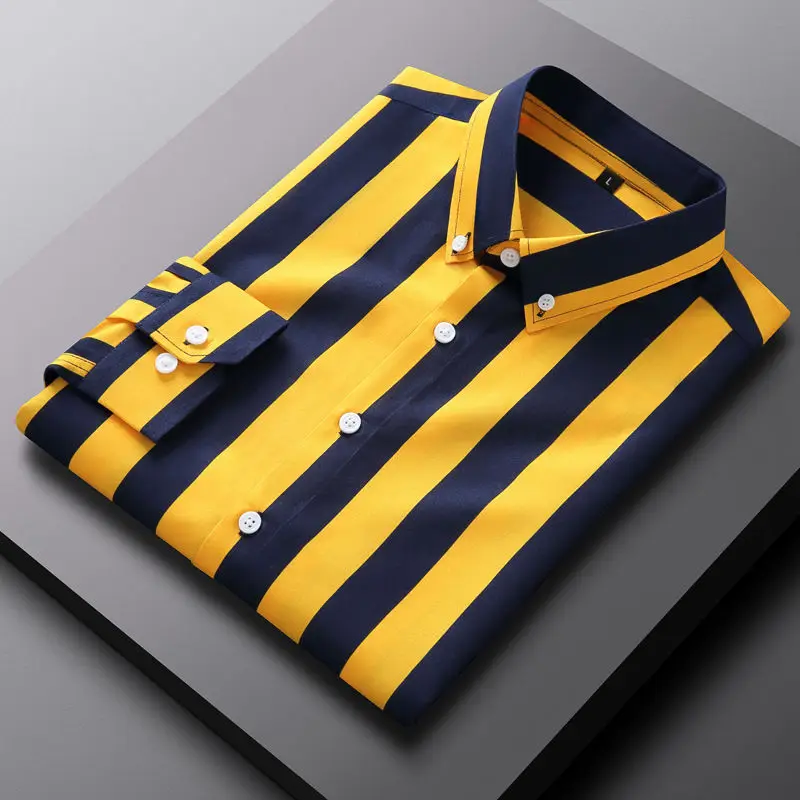 Men Casual Shirts Fashion Lapel Button Loose Korean Striped Shirts Men Autumn Casual Tops