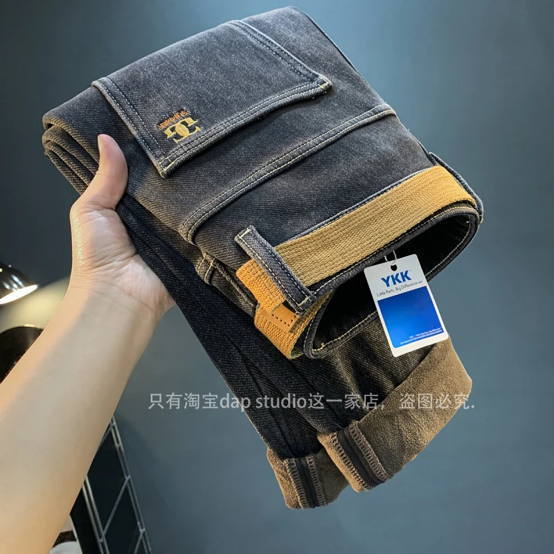 Fleece-lined Thick Jeans Men's Winter Trendy Casual Slim Fit Feet Cold-Resistant Warm Light Straight-Leg High-End Trousers 5