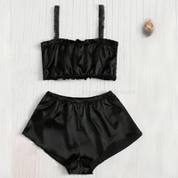 Black Color Pleated Satin Pajamas Set Including Camisole Shorts And Long Pants Silk Women Sexy Sleepwear Summer Lingerie Bra - Image 2