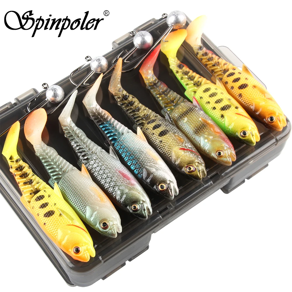 Spinpoler 8pcs Soft Lure Fishing Baits Kit Lots 4pcs Jig Head Hook