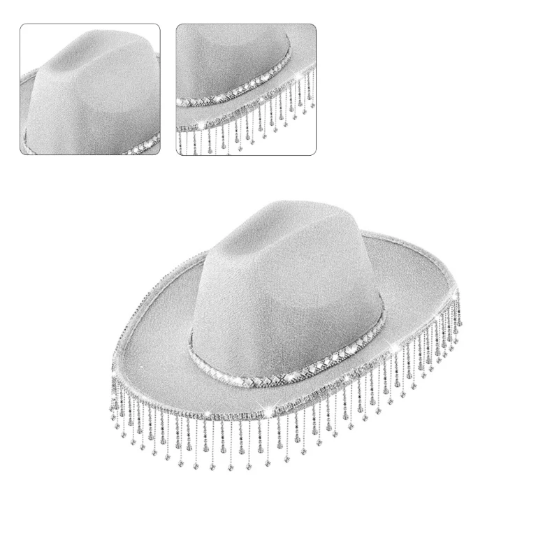 

Ковбойская шляпа с бахромой и стразами, блестящая пудра, ковбойская шляпа с широкими полями, модная шляпа для вечерние шляпы для