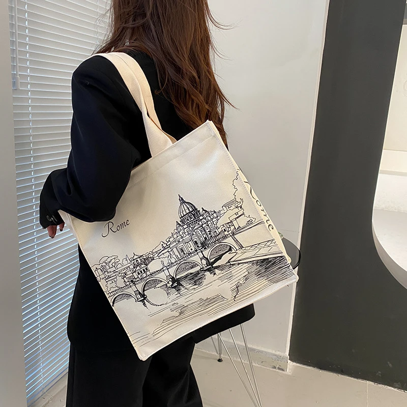 Women Canvas Shoulder Bag Rome Italy Print Shopping Bags Students Books Bags Female Cloth Handbags Thick Cotton Tote For Shopper