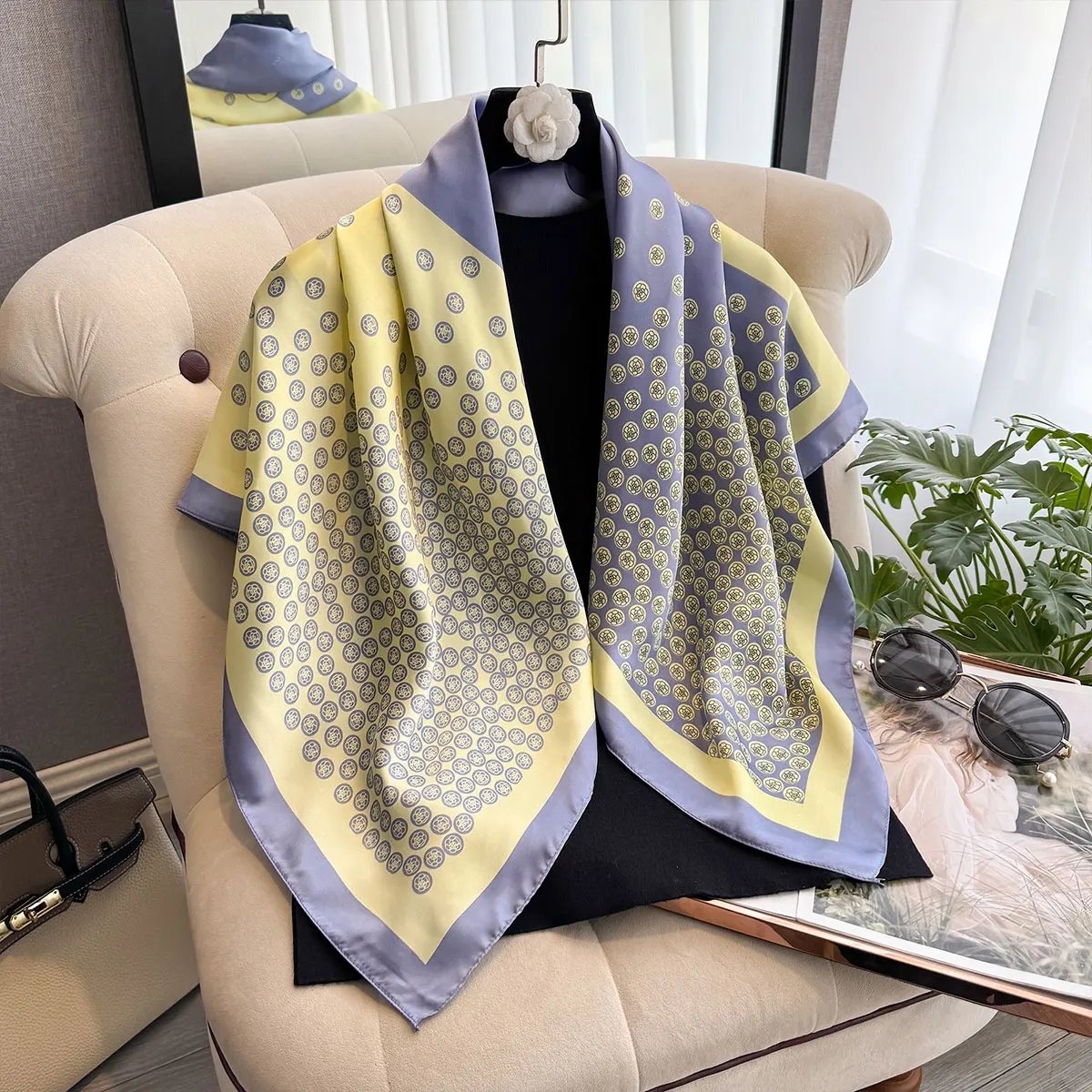 NEW Twill Silk Headband Hijab Square Scarf Print 90CM Warm Beach Stoles Shawl Wraps Female Hair Band Bag Wrist Bandana Foulard