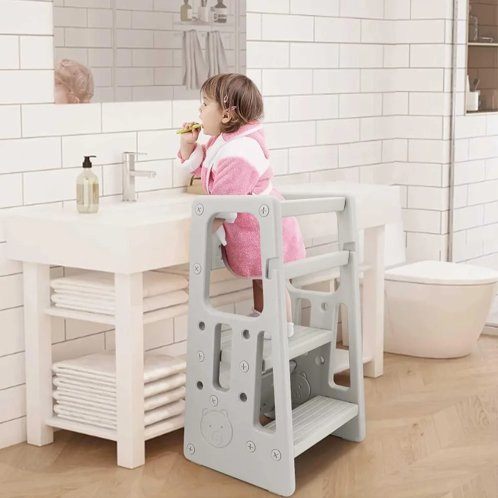 Kitchen footstool, 3 adjustable height standing tower children's learning stools, dual safety railings and anti slip foot pads