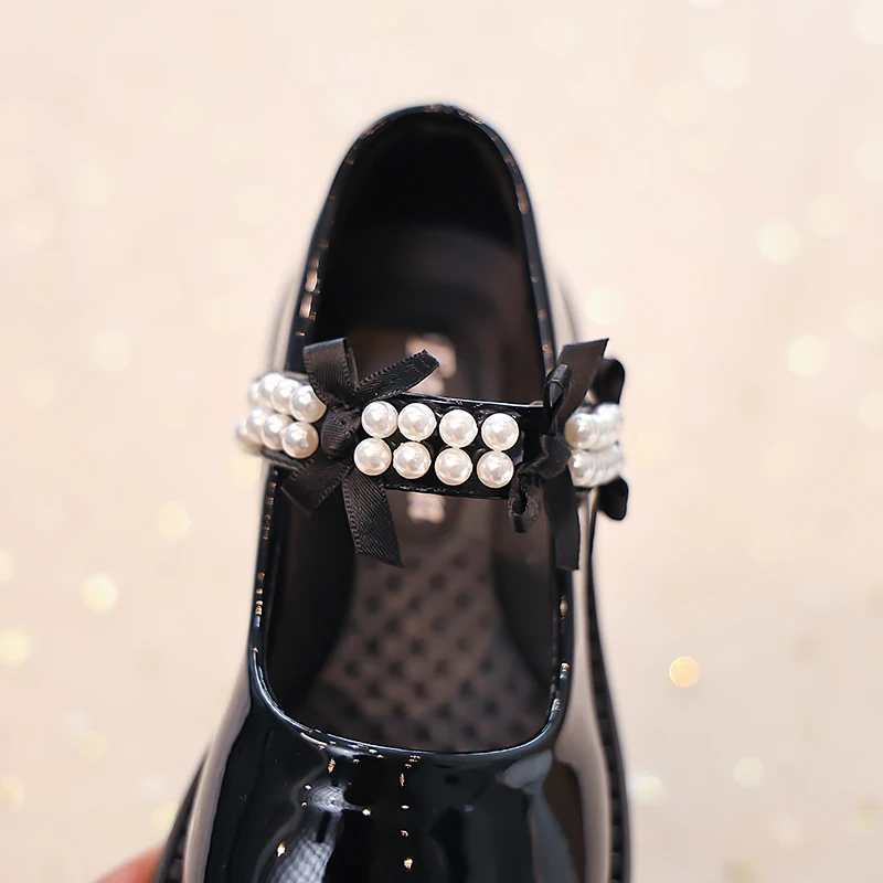 Leather Girls Mary Jane Flats with Beaded Bow for Autumn