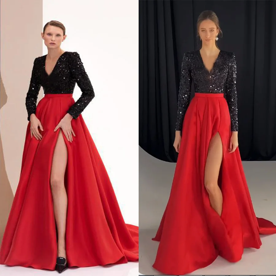 

Autumn And Winter Women S Sequin Slit Long V Neck Sexy Wedding Party Sexy Even Dress