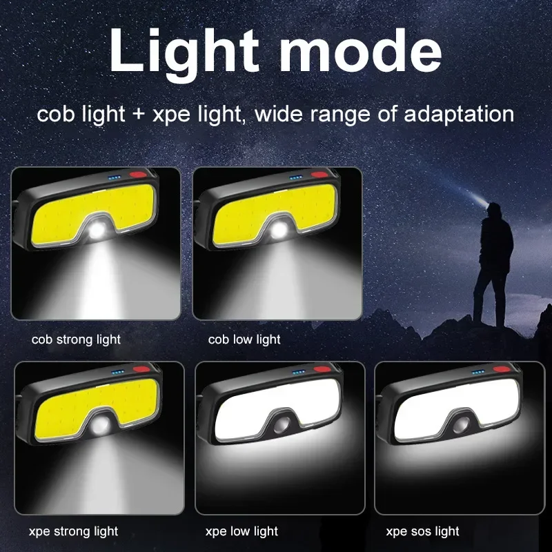 COB LED Super Bright Rechargeable Headlamp 180° Waterproof Head Light for Outdoor Running Fishing Camping Hiking Flashlight