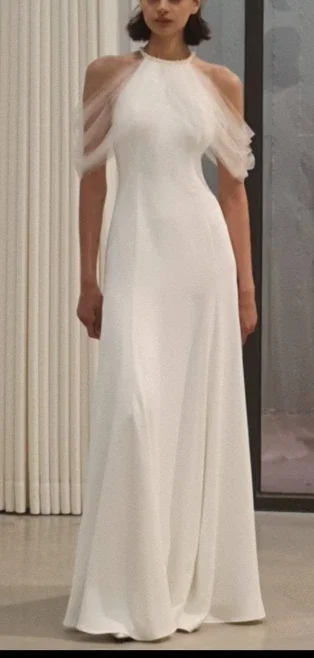 

OLOEY Simple Korea Wedding Dresses For Photo shoot Jewel Neck Off Shoulder Floor Length Stretch Bridal Gowns Custom Made