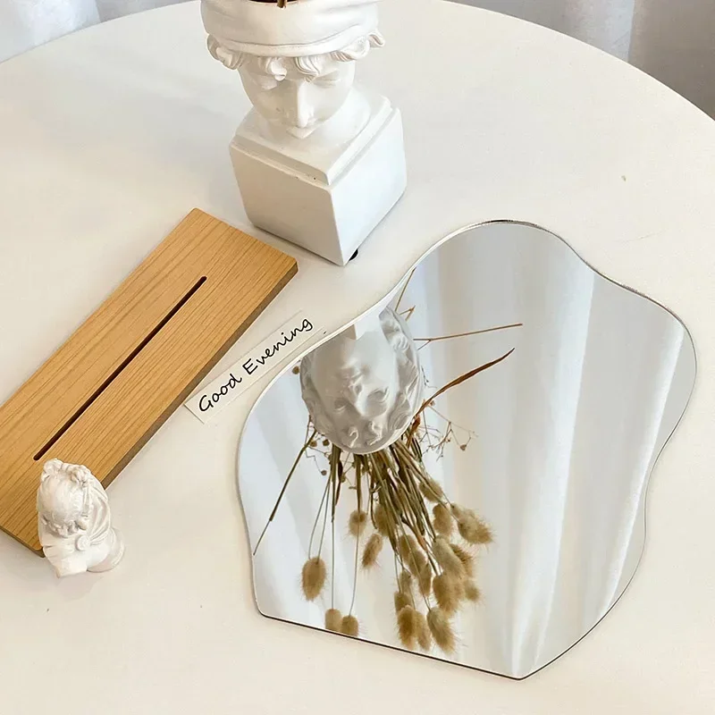 Acrylic Wooden Base Decorative Mirror Irregular Simple INS Style Makeup Mirror Bedroom Countertop Mirror Cosmetic Beauty 2