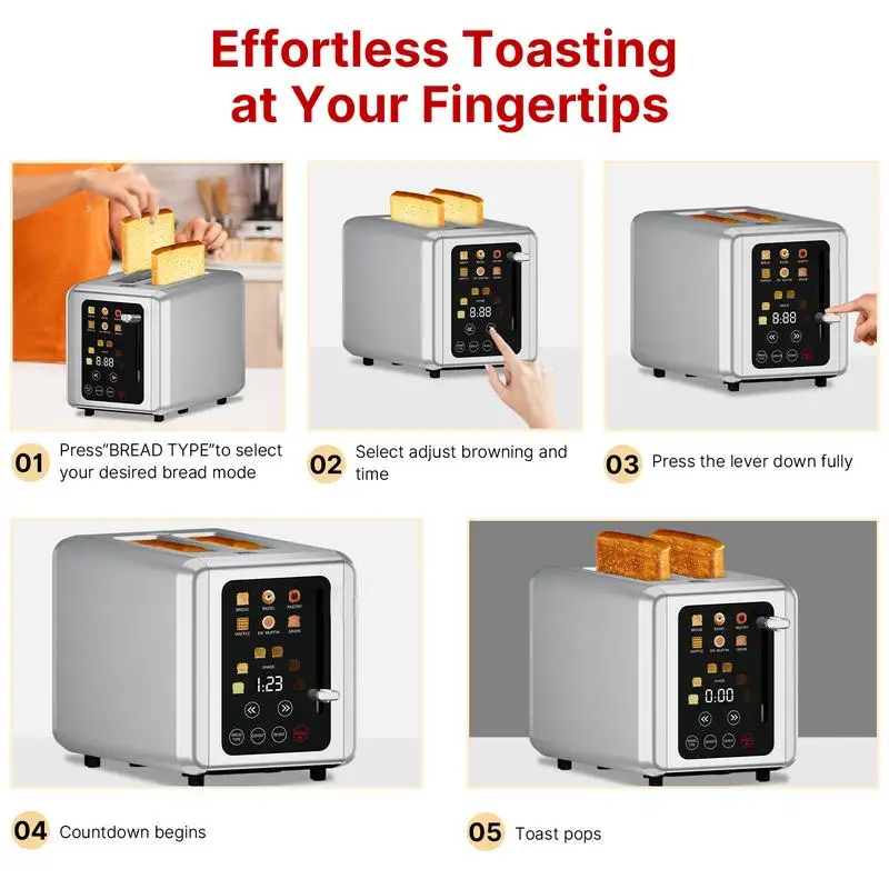 WHALL Touchscreen 2 Slice Toaster, Stainless Steel, Digital Timer, Toaster with Sound Function, Smart, Extra Wide Slots