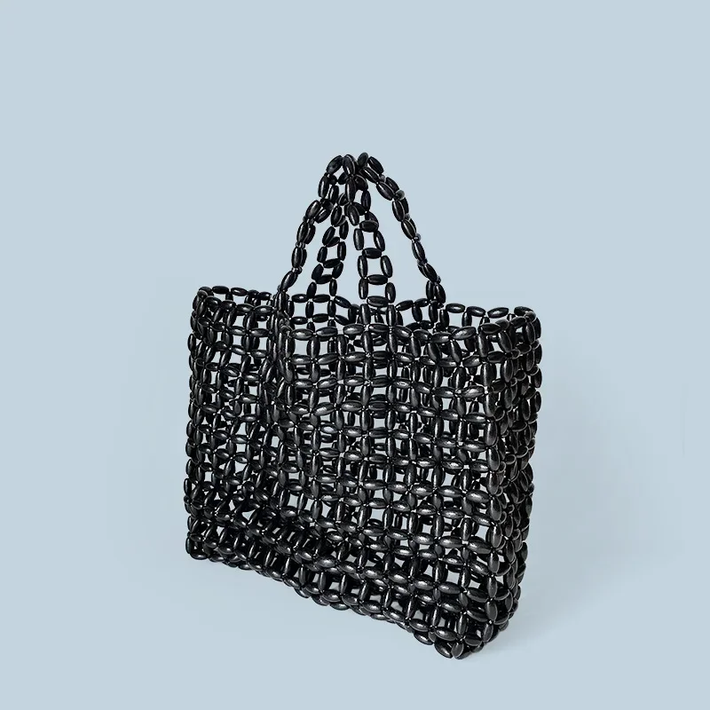Summer Women's Handwoven Totes Beach Holiday Hollowed-Out Wooden Beaded Bag Fashion Fan Shape Clutch Female Purse And Handbags