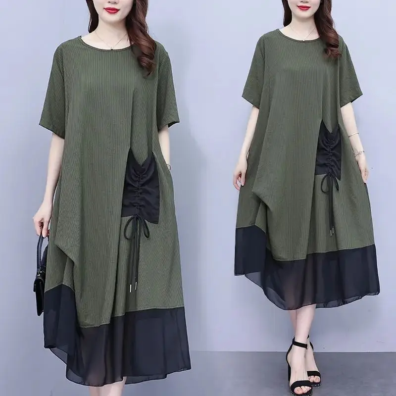 

Summer New Commuting Simplicity Casual Loose Oversized Covering Belly and Slimming Dress for Women Elegant Splicing Long Skirt